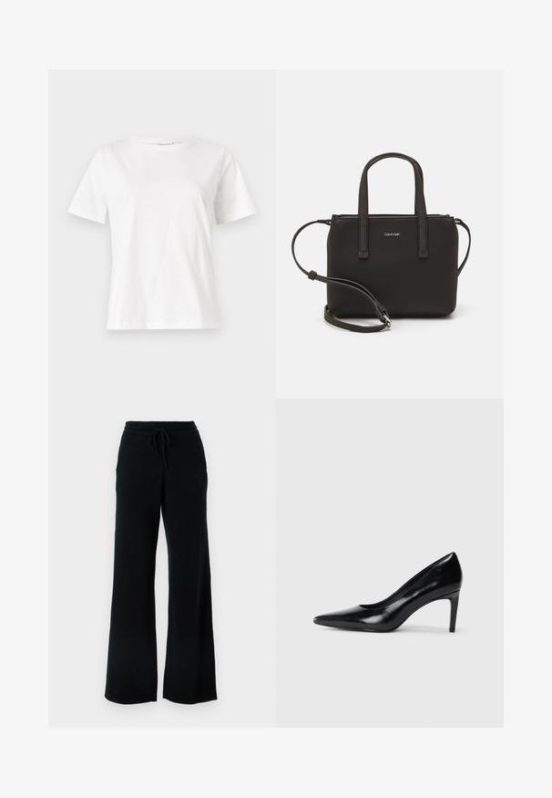 White cotton t-shirt with short sleeves, round neckline, and a relaxed fit. Smooth texture, no patterns or accents, minimalistic design.; Black wide-leg pants in soft fabric with a drawstring waistband. Features a smooth texture and no visible patterns or accents.; Black leather high heel shoe with a pointed toe, smooth texture, and a tapered heel. Minimalist design, no additional embellishments.; Black handbag with dual short handles and a removable shoulder strap. Smooth leather-like material with a zip closure and logo detail.