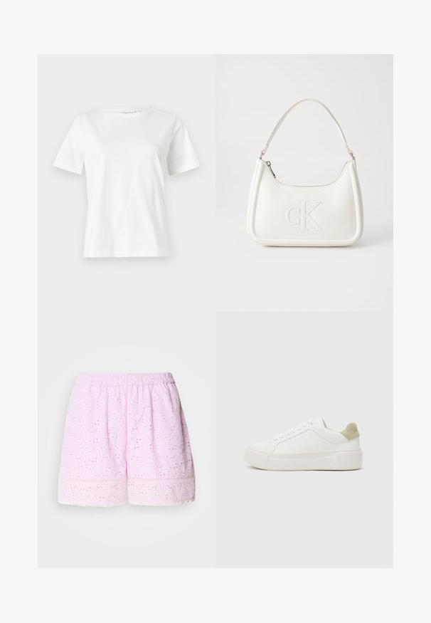 Fehér pamut póló rövid ujjakkal, kerek nyakkivágással és laza szabással. Sima textúra, nincsenek minták vagy díszítések, minimalista dizájn.; Rózsaszín pamut rövidnadrág hímzett virágmintával, gumis derékkal és csipkés szegéllyel. Könnyű és lélegző anyag.; Fehér sneaker sima bőr felsőrésszel, világosszürke velúr sarkú kiegészítéssel és masszív fehér gumitalppal. Fűzős kialakítású.; Fehér bőrtáska ívelt formájú, elöl feltűnő "CK" logóval, egyetlen vállpánttal. Cipzáras zárás a tetején.