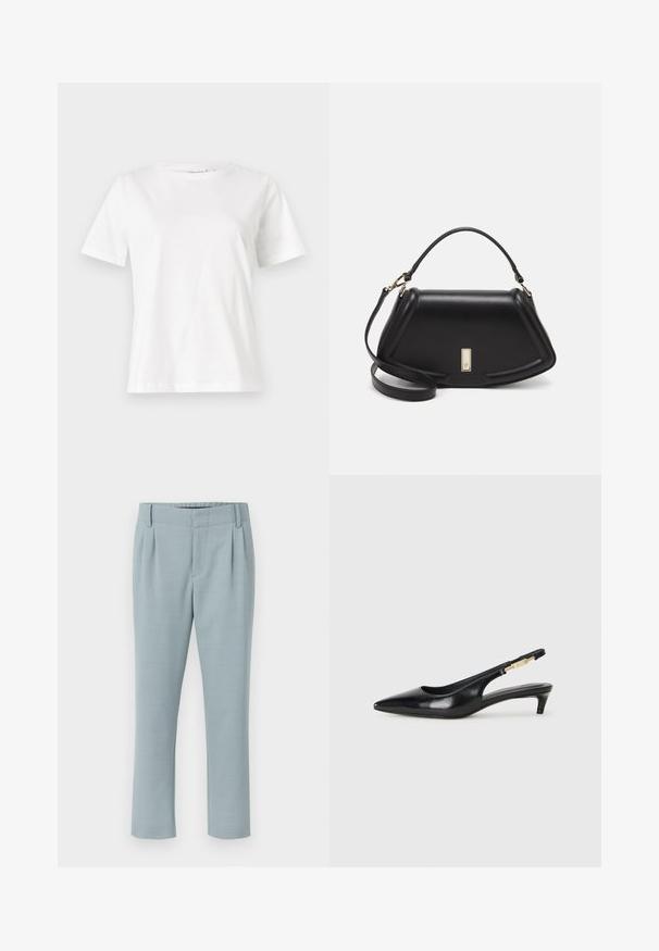 White cotton t-shirt with short sleeves, round neckline, and a relaxed fit. Smooth texture, no patterns or accents, minimalistic design.; DRYKORN DISPATCH - Trousers - blue; Black leather slingback heels with a pointed toe, featuring a slim heel and a gold-tone accent on the adjustable strap. Smooth texture.; Black leather handbag with a structured design, featuring a cropped shape, top handle, and gold hardware accent. Adjustable shoulder strap included.