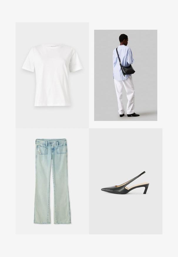 Bílý bavlněný tričko s krátkým rukávem, kulatým výstřihem a volnějším střihem. Hladká textura, bez vzorů nebo akcentů, minimalistický design.; Světlé modré džíny vyrobené z denimu, s rovnou nohavicí, dvěma předními kapsami a dvěma zadními kapsami. Vybledlá textura po celé ploše.; Černý špičatý slingback s nízkým podpatkem, vyrobený z hladké kůže, s výřezem na boku pro lepší prodyšnost.; Černá kožená kabelka přes rameno s jemnou texturou, trojúhelníkovým tvarem a nastavitelným popruhem, v kombinaci se světle modrou pruhovanou košilí a bílými kalhotami.