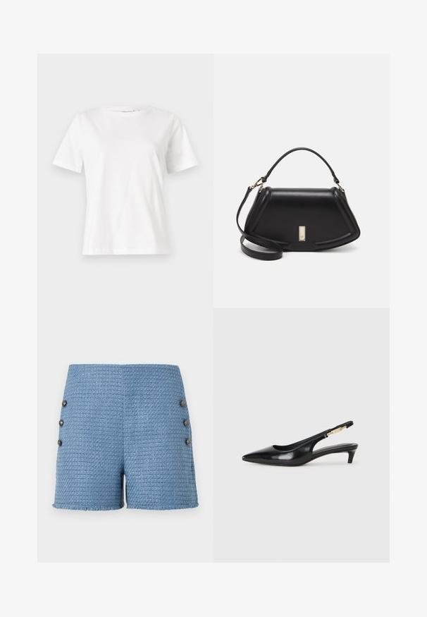 White cotton t-shirt with short sleeves, round neckline, and a relaxed fit. Smooth texture, no patterns or accents, minimalistic design.; Blue woven shorts featuring a textured fabric, frayed hem, and four decorative buttons on the side for added detail.; Black leather slingback heels with a pointed toe, featuring a slim heel and a gold-tone accent on the adjustable strap. Smooth texture.; Black leather handbag with a structured design, featuring a cropped shape, top handle, and gold hardware accent. Adjustable shoulder strap included.