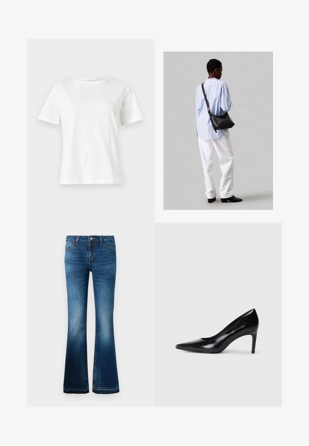 Tricou alb din bumbac cu mâneci scurte, guler rotund și o croială relaxată. Textură netedă, fără imprimeuri sau accente, design minimalist.; Jeans din denim albastru cu o ușoară evazare, nasture frontal și buzunare, prezentând zone decolorate pe coapse și genunchi.; Pantof de damă din piele neagră, cu toc înalt, vârf ascuțit, textură fină și toc conic. Design minimalist, fără embellishments suplimentare.; Geantă de umăr din piele neagră cu o textură moale, formă triunghiulară și curea ajustabilă, asortată cu o bluză cu dungi albastre deschise și pantaloni albi.