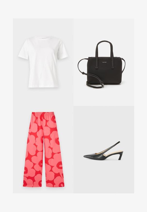 Baltas kokvilnas T-krekls ar īsām piedurknēm, apaļu kakla izgriezumu un brīvu piegriezumu. Gluda tekstūra, bez rakstiem vai akcentiem, minimālistisks dizains.; Marimekko VOIMAKUKKA UNIKKO - Auduma bikses - red/pink; Melna, ar smailu purngalu, slingback kurpe ar zemu papēdi, izgatavota no gludas ādas materiāla un ar izgriezumiem sānos gaisa caurlaidībai.; Melns roku soma ar divām īsām rokturiem un noņemamu plecu siksnu. Gluda ādas līdzīga materiāla ar rāvējslēdzēja aizdari un logos detaļu.
