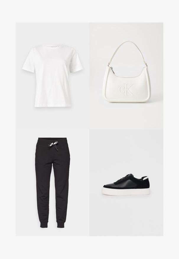 Hvit bomull t-skjorte med korte ermer, rund hals og avslappet passform. Glatt tekstur, ingen mønstre eller detaljer, minimalistisk design.; Svart joggebukse laget av myk stoff, med elastisk midjebånd med snor og to sidelommer. Tapered bein design.; Svart sneakers med glatt skinn og semsket skinnpaneler, flate snørebånd, rund tå og hvit gummisåle. Distinkt logo på hælen.; Hvit lærveske med en buet fasong, med et preget "CK"-logo på forsiden og en enkel skulderstropp. Glidelåslukking på toppen.