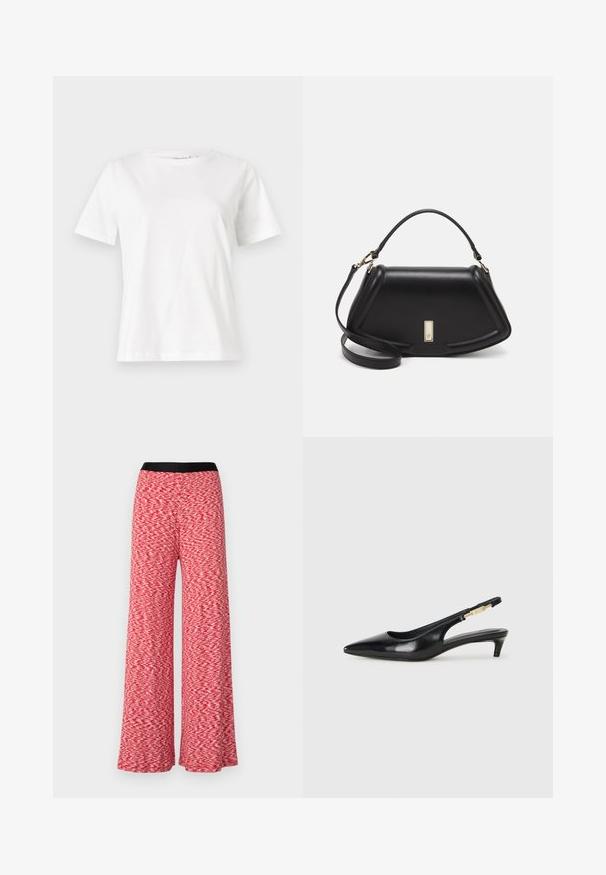 White cotton t-shirt with short sleeves, round neckline, and a relaxed fit. Smooth texture, no patterns or accents, minimalistic design.; Wide-leg pants in a red and white textured fabric. Features a black waistband and a flowing design, suitable for casual wear.; Black leather slingback heels with a pointed toe, featuring a slim heel and a gold-tone accent on the adjustable strap. Smooth texture.; Black leather handbag with a structured design, featuring a cropped shape, top handle, and gold hardware accent. Adjustable shoulder strap included.
