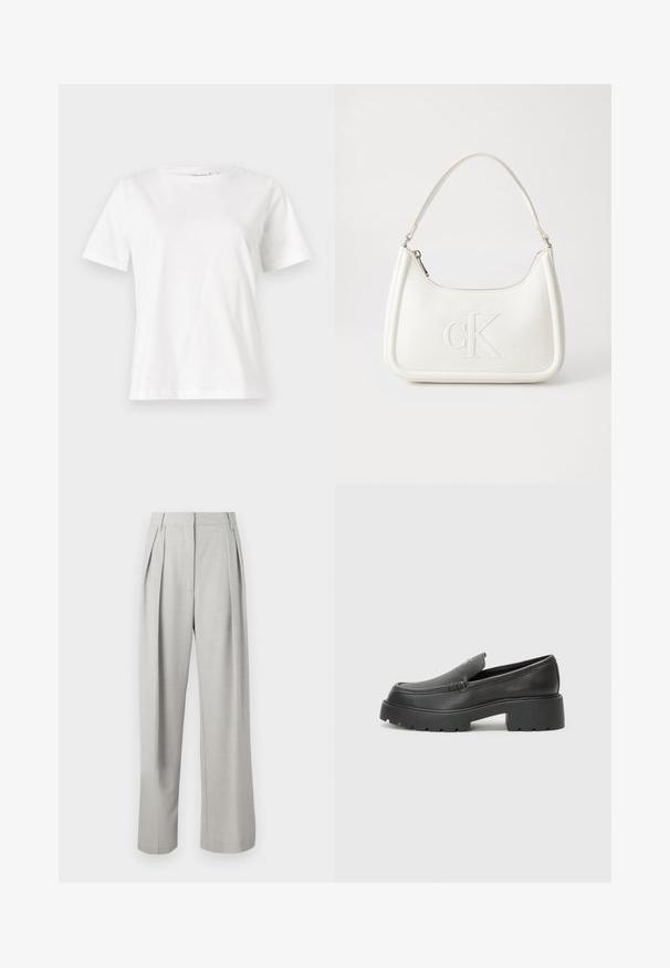 Weißes Baumwoll-T-Shirt mit kurzen Ärmeln, Rundhalsausschnitt und lockerer Passform. Glatte Textur, keine Muster oder Akzente, minimalistisches Design.; Hellgraue, plissierte Hose mit hoher Taille, weitem Bein, glatter Textur und ohne sichtbare Beschläge oder Muster.; Schwarze Lederloafer mit einer abgerundeten Spitze, dicker strukturierten Laufsohle und minimalen Nähten. Schlankes Design ohne sichtbare Schnürsenkel oder Beschläge.; Weiße Lederhandtasche mit abgerundeter Form, ausgestattet mit einem geprägten "CK"-Logo auf der Vorderseite und einem Einzel-Schultergurt. Reißverschluss oben.