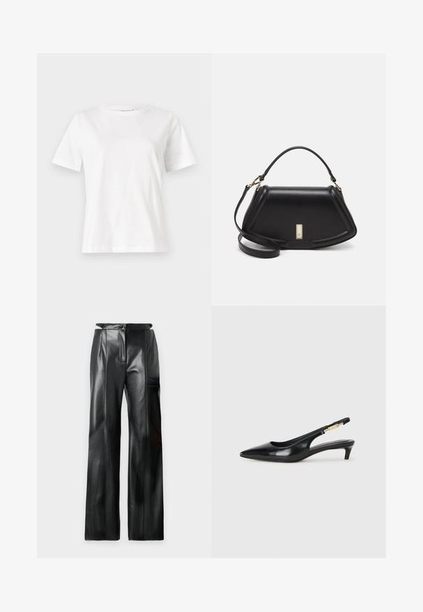 Balta medvilninė marškinėliai trumpomis rankovėmis, su apvalia iškirpte ir laisvu siluetu. Lygi tekstūra, be raštų ar akcentų, minimalistinis dizainas.; Juodos odinės kelnės su aukštu liemeniu, plačiomis kojomis, vertikaliomis siūlėmis ir lygiu paviršiumi. Turi užtrauktuką ir diržo kilpas.; Juodas odinis pavasario batelių modelis su smailiu nosiu, turintis siaurą kulniuką ir auksinės spalvos akcentu reguliuojamoje juostoje. Lygi tekstūra.; Juoda odinė rankinė su struktūrizuotu dizainu, turi trumpą formą, viršutinę rankeną ir auksinius akcentus. Pridėtas reguliuojamas peties diržas.
