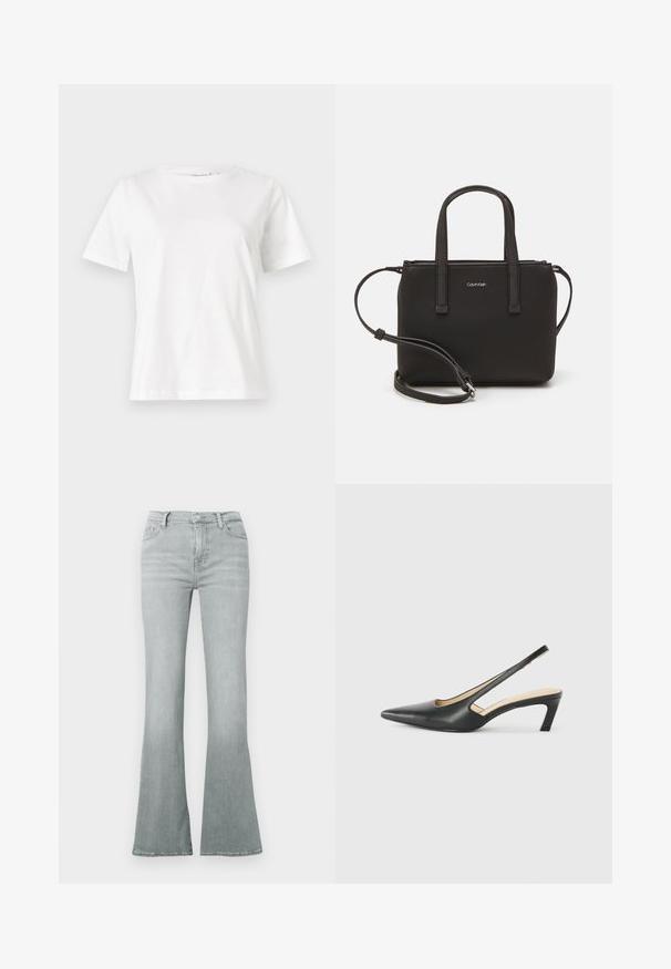 Biela bavlnená tričko s krátkymi rukávmi, okrúhlym výstrihom a voľným strihom. Hladká textúra, bez vzorov alebo akcentov, minimalistický dizajn.; 7 for all mankind DOJO SLIM ILLUSION - Slimfit džínsy - riverstone; Čierne slingback topánky s ostrou špičkou a nízkym opätkom, vyrobené z hladkej kože a s výrezmi na boku pre lepšiu priedušnosť.; Čierna kabelka s dvojitými krátkymi rúčkami a odnímateľným ramenným popruhom. Hladký materiál podobný koži s uzatváraním na zips a detailom loga.