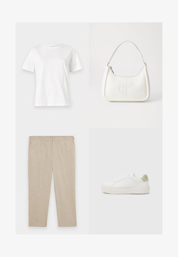 Weißes Baumwoll-T-Shirt mit kurzen Ärmeln, Rundhalsausschnitt und lockerer Passform. Glatte Textur, keine Muster oder Akzente, minimalistisches Design.; Tommy Hilfiger Curve Stoffhose - classic beige; Weißer Sneaker mit einem Obermaterial aus glattem Leder, hellgrauem Wildlederbesatz an der Ferse und einer klobigen weißen Gummisohle. Mit Schnürdesign.; Weiße Lederhandtasche mit abgerundeter Form, ausgestattet mit einem geprägten "CK"-Logo auf der Vorderseite und einem Einzel-Schultergurt. Reißverschluss oben.