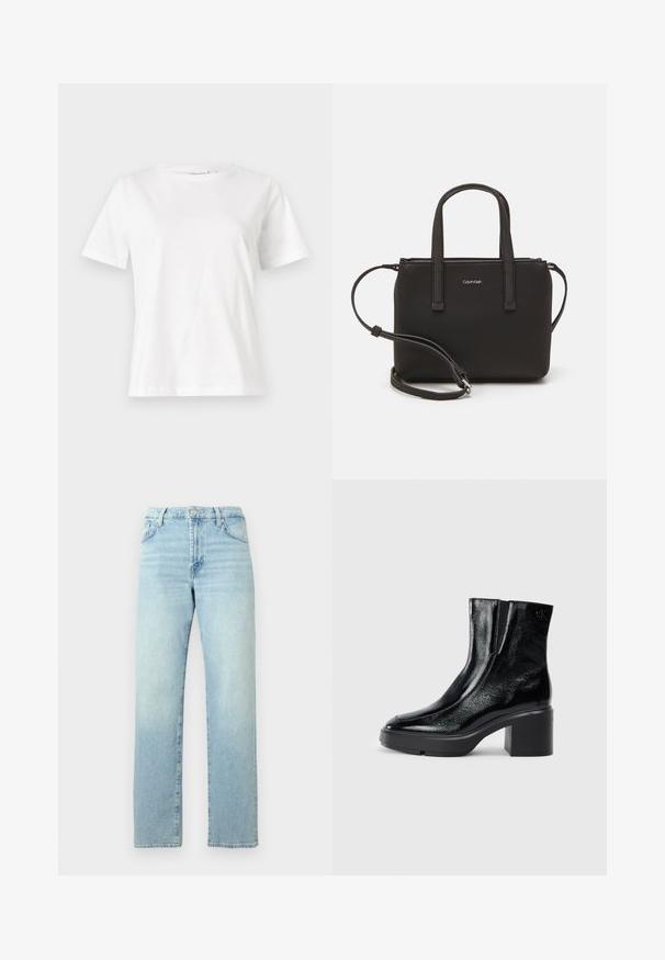 White cotton t-shirt with short sleeves, round neckline, and a relaxed fit. Smooth texture, no patterns or accents, minimalistic design.; Light blue denim jeans with a straight leg design, featuring a button closure, belt loops, and faded detailing across the fabric.; Black patent leather ankle boots with a curved toe, elastic side panels, and a chunky block heel. Features embossed logo on the back.; Black handbag with dual short handles and a removable shoulder strap. Smooth leather-like material with a zip closure and logo detail.
