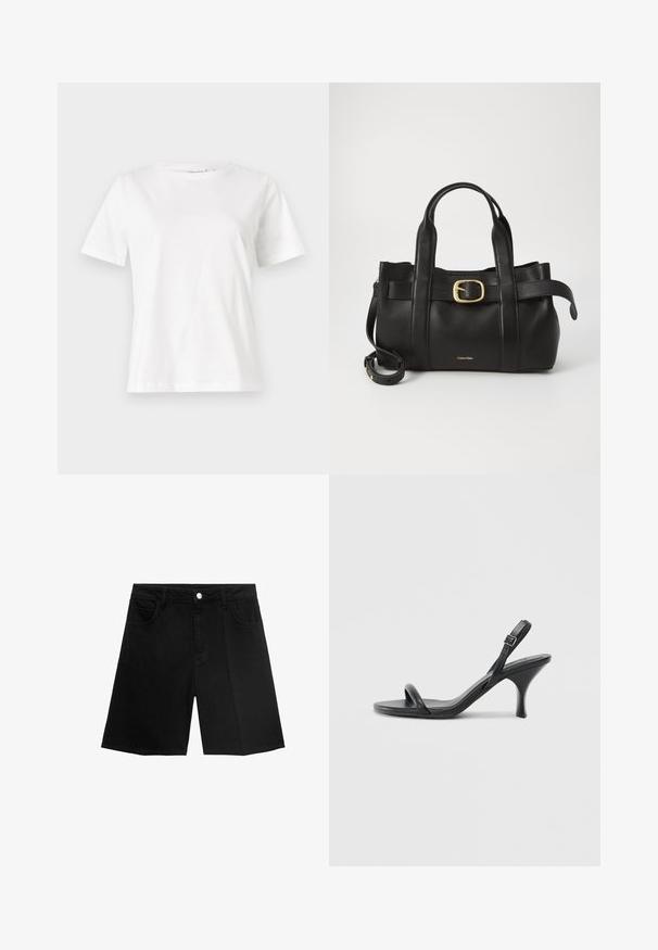 Bijela pamučna majica s kratkim rukavima, okruglim izrezom i opuštenim krojem. Glatka tekstura, bez uzoraka ili akcenata, minimalistički dizajn.; Crni traper šortsevi s ravnim krojem, pet džepova i zatvaranjem na srebrni gumb. Glatka tekstura s minimalnim detaljima šavova.; Crne kožne sandale na visoku petu s tankom, zakrivljenom petom i dizajnom prekriženih traka. Podesiva traka oko gležnja. Glatka tekstura.; Crna kožna torba s strukturiranim dizajnom, dvostrukim gornjim ručkama, zlatnim kopčom kao naglaskom i utisnutim logotipom marke sprijeda.