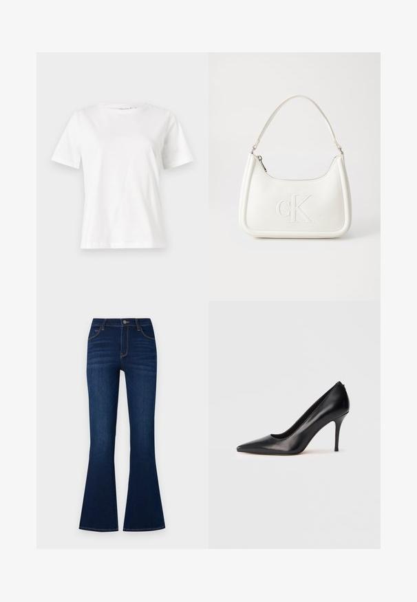 Hvit bomull t-skjorte med korte ermer, rund hals og avslappet passform. Glatt tekstur, ingen mønstre eller detaljer, minimalistisk design.; Mørkeblå bell-bottom jeans i denim stoff. Har høy midje, fem lommer, oransje søm og metallknapplås.; Svart lærhæl med spiss tå, glatt tekstur og elegant design. Har en slank, forhøyet hæl og en lav utskjæring foran.; Hvit lærveske med en buet fasong, med et preget "CK"-logo på forsiden og en enkel skulderstropp. Glidelåslukking på toppen.