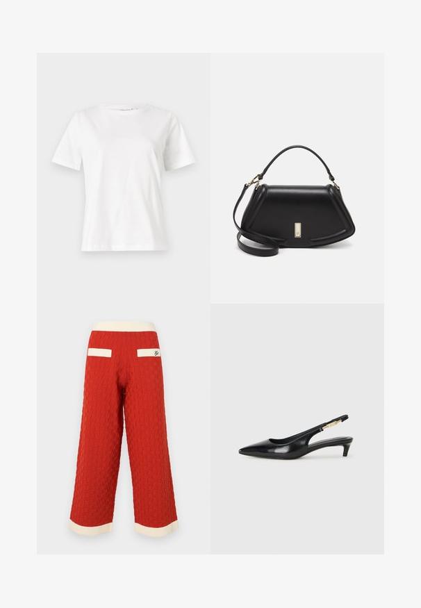 Biała bawełniana koszulka z krótkim rękawem, okrągłym dekoltem i luźnym krojem. Gładka tekstura, brak wzorów lub dodatków, minimalistyczny design.; Czerwone, fakturowane spodnie o szerokich nogawkach z kratkowym wzorem, z kremowym, prążkowanym pasem w talii i akcentami kieszeni.; Czarne skórzane szpilki typu slingback z ostrym noskiem, posiadające smukły obcas i złoty akcent na regulowanym pasku. Gładka tekstura.; Czarna skórzana torebka o strukturalnym designie, z przyciętą formą, górnym uchwytem i złotymi akcentami. W zestawie regulowany pasek na ramię.