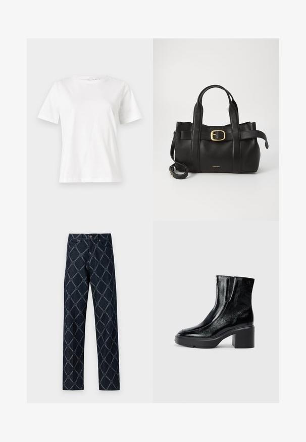 White cotton t-shirt with short sleeves, round neckline, and a relaxed fit. Smooth texture, no patterns or accents, minimalistic design.; Dark denim jeans featuring a geometric pattern in light blue, with a straight-leg design and classic five-pocket styling.; Black patent leather ankle boots with a curved toe, elastic side panels, and a chunky block heel. Features embossed logo on the back.; Black leather handbag featuring a structured design, dual top handles, gold-tone buckle accent, and embossed brand logo at the front.