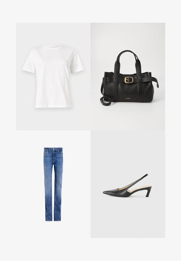 Balta medvilninė marškinėliai trumpomis rankovėmis, su apvalia iškirpte ir laisvu siluetu. Lygi tekstūra, be raštų ar akcentų, minimalistinis dizainas.; Šviesiai mėlynos džinsinės kelnės su tiesiu kojų kirpimu, penkių kišenių stiliumi ir klasikiniu priekiniu mygtukų uždarymu. Išblukusi spalva su subtiliu šveitimu.; Juodas smailus slingback batelis su žemu kulnu, pagamintas iš lygaus odos paviršiaus ir su išpjovomis šone, užtikrinančiomis oro pralaidumą.; Juodas odinis rankinės maišas su struktūrizuotu dizainu, dviem viršutinėmis rankenomis, auksinės spalvos sagtimi ir iškilniu prekės ženklu priekyje.