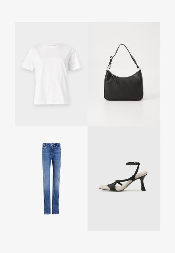 Bela bombažna majica s kratkimi rokavi, okroglo izrezana in ohlapnega kroja. Gladka tekstura, brez vzorcev ali dodatkov, minimalističen dizajn.; Svijetloplavi traperice s ravnim nogavicama, pet džepova i klasičnim prednjim zatvaranjem na dugme. Ispucani izgled s suptilnim izblijeđenjem.; Črne sandale na visoki peti z prepletenim trakom, kvadratnim nosom in nastavljivim gležnjenjem. Svetlo bež podplat z sijajno črno peto.; Črna usnjena torba za roke s ukrivljenim oblikom, enim trakom, zadrgo in diskretnim blagovnim znamkom na sprednjem delu. Gladka tekstura, minimalističen dizajn.