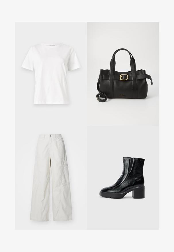 Baltas kokvilnas T-krekls ar īsām piedurknēm, apaļu kakla izgriezumu un brīvu piegriezumu. Gluda tekstūra, bez rakstiem vai akcentiem, minimālistisks dizains.; Platas kāju kravas bikses gaiši bēšā krāsā, izgatavotas no viegla auduma. Raksturīgas sānu kabatas un pogu aizdare jostasvietā.; Melnas lakotas ādas potītes zābaki ar izliekto purngalu, elastīgām sānu paneļiem un masīvu blokveida papēdi. Aizmugurē ir izsistā logo.; Melnas ādas rokassoma ar strukturētu dizainu, divām augšējām rokturām, zelta toņa sprādzes akcentu un iegravētu zīmola logo priekšpusē.