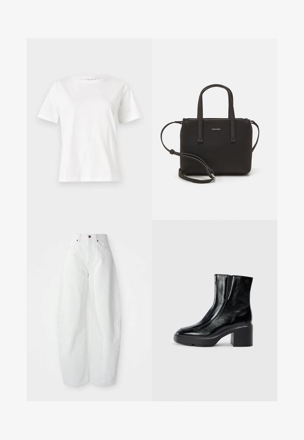 Balta medvilninė marškinėliai trumpomis rankovėmis, su apvalia iškirpte ir laisvu siluetu. Lygi tekstūra, be raštų ar akcentų, minimalistinis dizainas.; Aukštos juosmens baltos džinsinės kelnes su laisvu siluetu. Su mygtukų uždarymu, šoninėmis kišenėmis ir minimalistiniu dizainu. Sklandus paviršius.; Juodi lakiniai auliniai batai iki kulkšnies, su išlenktu pirštu, elastinėmis šoninėmis panelėmis ir masyviu blokuotu kulnu. Apdailoje užpakalinėje dalyje įspaustas logotipas.; Juoda rankinė su dviem trumpais rankenėlėmis ir nuimamu petį. Lygaus odos tipo medžiaga su užtrauktuku ir logotipo detale.