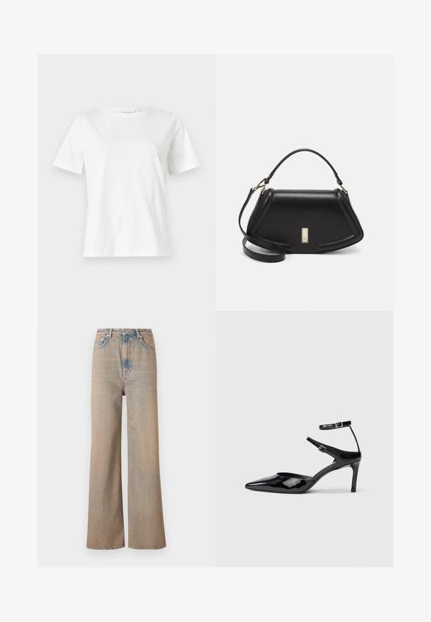 Camiseta de algodón blanca de manga corta, con cuello redondo y un corte relajado. Textura suave, sin patrones ni acentos, diseño minimalista.; Jeans de tiro alto y pierna ancha en un lavado claro, fabricados en denim. Presentan costuras sutiles y cinco bolsillos, con una textura ligeramente desgastada.; Tacones de charol negros con puntera puntiaguda, correas ajustables en el tobillo y un tacón delgado. Textura suave con un acabado brillante.; Bolso de mano de cuero negro con un diseño estructurado, que presenta una forma recortada, asa superior y acentos en dorado. Correa de hombro ajustable incluida.