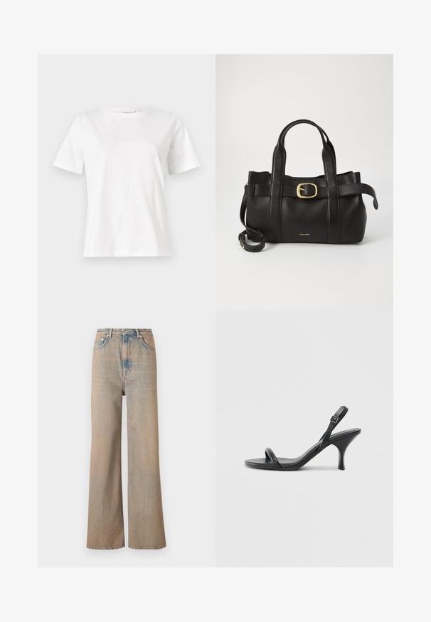 Valkoinen puuvillapaita lyhyillä hihoilla, pyöreällä kaula-aukolla ja rentolla istuvuudella. Sujuva rakenne, ei kuvioita tai yksityiskohtia, minimalistinen muotoilu.; Vaaleanpesua tehty leveälahkeiset farkut, joissa on korkea vyötärö, valmistettu denimestä. Ominaisuuksia ovat hienovarainen ommel ja viisi taskua, sekä hieman haalistunut pinta.; Mustat nahkaiset korkokengät, joissa on hoikka, kaareva korko ja ristiin menevä hihnadesign. Säädettävä nilkkahihna. Silkkinen pinta.; Musta nahkakäsilaukku, jossa on struktuurinen muotoilu, kaksoiskahvat, kultasävyinen solkiaksentti ja kohokuvioitu brändilogo edessä.