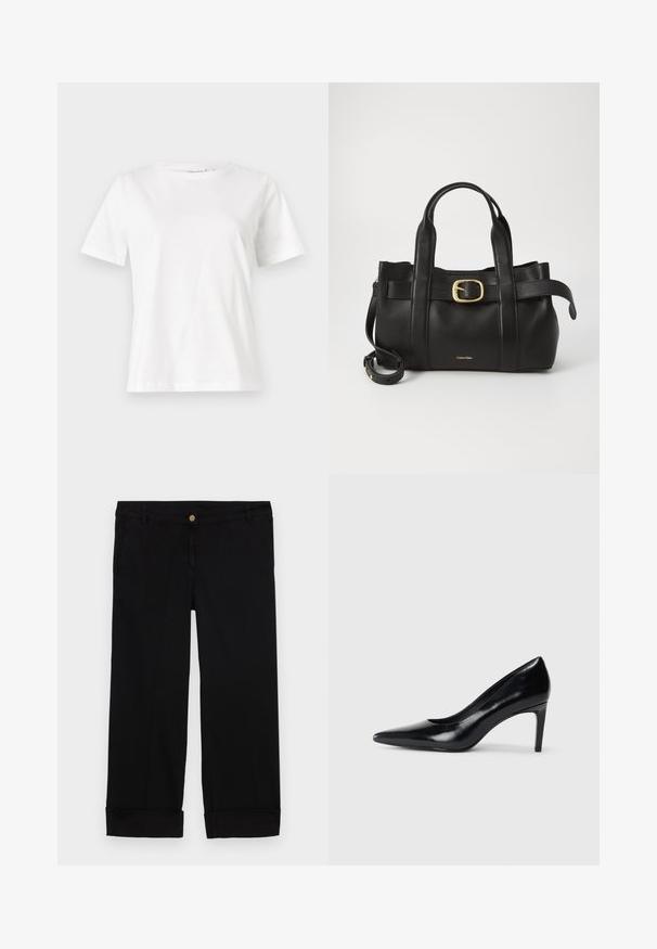 Witte katoenen t-shirt met korte mouwen, ronde halslijn en een ontspannen pasvorm. Gladde textuur, geen patronen of accenten, minimalistisch ontwerp.; Zwarte katoen broek met een rechte pijp, voorzien van voorzakken, een gouden knoopsluiting en omgeslagen manchetten. Gladde textuur.; Zwarte leren hoge hak met een spitse neus, een gladde textuur en een tapse hak. Minimalistisch ontwerp, geen extra versieringen.; Zwarte leren handtas met een gestructureerd ontwerp, dubbele handgrepen aan de bovenkant, een gouden gespaccent en een geperst merklogo aan de voorkant.