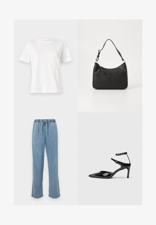 Balta medvilninė marškinėliai trumpomis rankovėmis, su apvalia iškirpte ir laisvu siluetu. Lygi tekstūra, be raštų ar akcentų, minimalistinis dizainas.; Šviesiai mėlyni džinsai su elastinga juosmens juosta, raišteliu ir suktomis kelnių apačiomis. Tiesios kojų linijos dizainas su patogiu pritaikymu.; Juodos lakinės odos aukštakulnės su smailiu koja, reguliuojamais kulkšnies dirželiais ir lieknu kulnu. Lygus paviršius su blizgiu apdaila.; Juoda odinė rankinė su išlenkta forma, viena dirželiu, užtrauktuko uždarymu ir subtiliu ženklinimu priekyje. Lygus paviršius, minimalistinis dizainas.