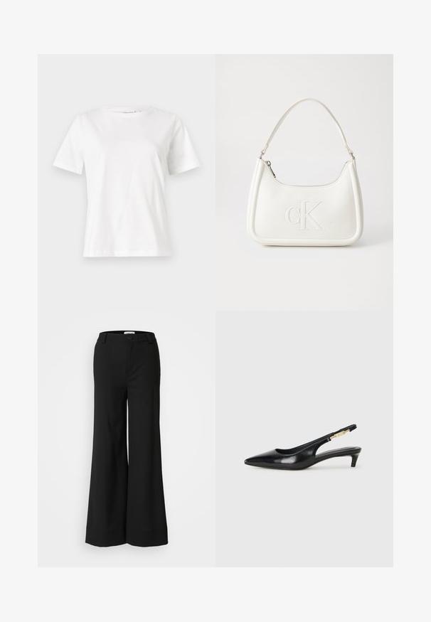 White cotton t-shirt with short sleeves, round neckline, and a relaxed fit. Smooth texture, no patterns or accents, minimalistic design.; Black wide-leg trousers made of smooth fabric, featuring a button closure, belt loops, and a clean hemline. No visible patterns or accents.; Black leather slingback heels with a pointed toe, featuring a slim heel and a gold-tone accent on the adjustable strap. Smooth texture.; White leather handbag with a curved shape, featuring an embossed "CK" logo on the front and a single shoulder strap. Zipper closure at top.