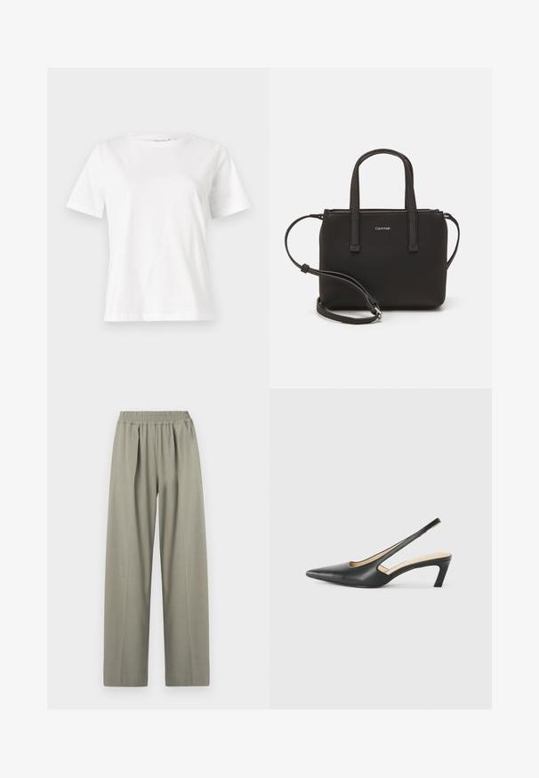 Weißes Baumwoll-T-Shirt mit kurzen Ärmeln, Rundhalsausschnitt und lockerer Passform. Glatte Textur, keine Muster oder Akzente, minimalistisches Design.; Hochtaillierte, hellgraue weite Hosen mit elastischem Bund und Falten auf der Vorderseite.; Schwarzer spitz zulaufender Slingback-Schuh mit niedrigem Absatz, der aus glattem Leder gefertigt ist und seitliche Ausschnitte für Atmungsaktivität aufweist.; Schwarze Handtasche mit zwei kurzen, doppelt geflochtenen Griffen und einem abnehmbaren Schulterriemen. Glattes, lederähnliches Material mit einem Reißverschluss und Logodetail.