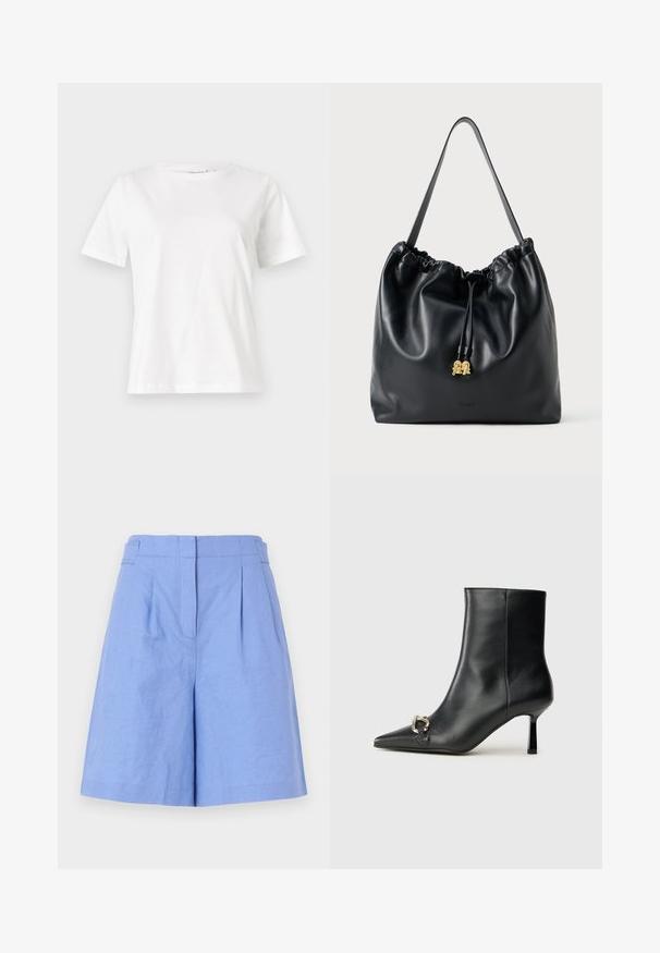 Hvit bomull t-skjorte med korte ermer, rund hals og avslappet passform. Glatt tekstur, ingen mønstre eller detaljer, minimalistisk design.; Lyseblå linshorts med høy midje, som har legg, sidelommer og en glatt tekstur, designet for en løs passform.; Sorte lær ankle boot med spiss tå, slank mid-høyde hæl og sølvspenne på siden mot en enkel bakgrunn.; Svart lær trekksekk med en glatt tekstur, samlet topp og subtilt gullbeslag. Har en enkelt solid stropp og preget logo.