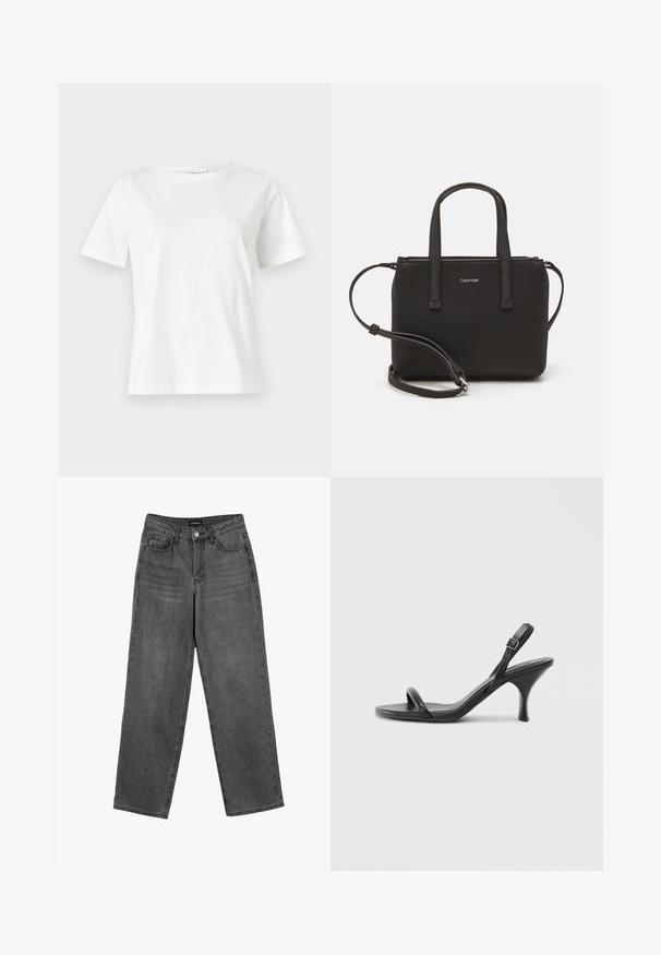 Balta medvilninė marškinėliai trumpomis rankovėmis, su apvalia iškirpte ir laisvu siluetu. Lygi tekstūra, be raštų ar akcentų, minimalistinis dizainas.; Juodos aukštai juosmens tiesios kojos džinsai su priekiniais mygtukais ir kišenėmis, pasiruošę rodymui ant baltos fono.; Juodos odinės aukštakulnės šlepetės su plonu, kreiviu kulnu ir kryžminiu dirželio dizainu. Reguliuojamas kulkšnies dirželis. Lygus paviršius.; Juoda rankinė su dviem trumpais rankenėlėmis ir nuimamu petį. Lygaus odos tipo medžiaga su užtrauktuku ir logotipo detale.