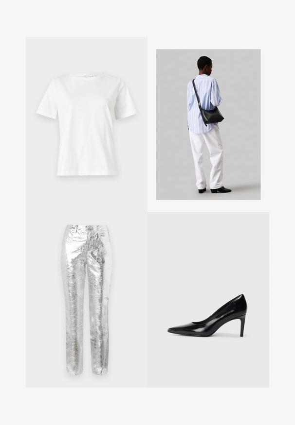 Fehér pamut póló rövid ujjakkal, kerek nyakkivágással és laza szabással. Sima textúra, nincsenek minták vagy díszítések, minimalista dizájn.; Ezüst, fémből készült nadrág ráncos textúrával. Egyenes szabású, elülső zsebekkel és cipzáras zárással. Simaság és fényes felület.; Fekete bőr magassarkú cipő, hegyes orral, sima textúrával és kúpos sarkal. Minimalista dizájn, nincsenek további díszítések.; Fekete bőr válltáska puha tapintással, háromszög alakú, állítható pánttal, világoskék csíkos inggel és fehér nadrággal párosítva.