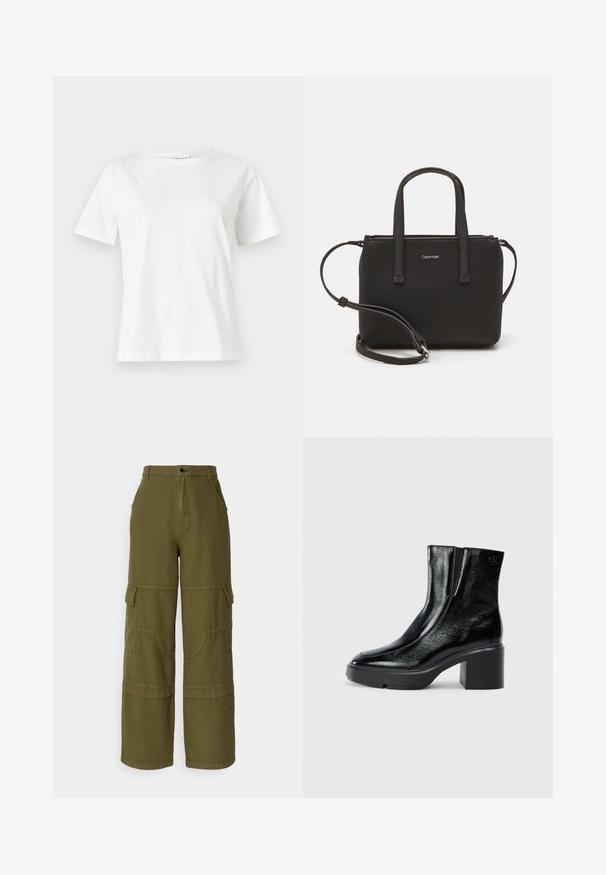 Bela bombažna majica s kratkimi rokavi, okroglo izrezana in ohlapnega kroja. Gladka tekstura, brez vzorcev ali dodatkov, minimalističen dizajn.; Olive zelene cargo hlače z visokim pasom, širokimi nogavicami, več žepi in kontrastnim šivanjem. Narejene iz trpežnega materiala.; Črne lakirane gležnjarje z ukrivljenim nosom, elastičnimi stranskimi paneli in debelim blokastim peto. Imajo vtisnjen logotip na zadnjem delu.; Črna torbica z dvema kratkima ročajema in odstranljivim naramnim trakom. Gladek usnju podoben material z zadrgo in podrobnostmi z logotipom.