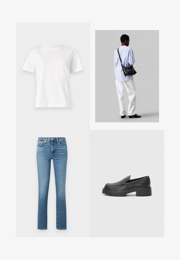Λευκό βαμβακερό μπλουζάκι με κοντά μανίκια, στρογγυλή λαιμόκοψη και άνετη εφαρμογή. Λείο υφασμάτινο, χωρίς σχέδια ή αξεσουάρ, μινιμαλιστικός σχεδιασμός.; Μπλε τζιν παντελόνι με εφαρμοστή γραμμή, ίσιες γραμμές ποδιών και ελάχιστη φθορά. Διαθέτει πέντε τσέπες και φερμουάρ με κουμπί.; Μαύρα δερμάτινα loafers με στρογγυλή μύτη, χοντρή υφή σόλας και ελάχιστες ραφές. Κομψός σχεδιασμός χωρίς ορατά κορδόνια ή μεταλλικά στοιχεία.; Μαύρη δερμάτινη τσάντα ώμου με απαλή υφή, τριγωνικό σχήμα και ρυθμιζόμενο λουρί, συνδυασμένη με ένα ανοιχτό μπλε ριγέ πουκάμισο και λευκό παντελόνι.