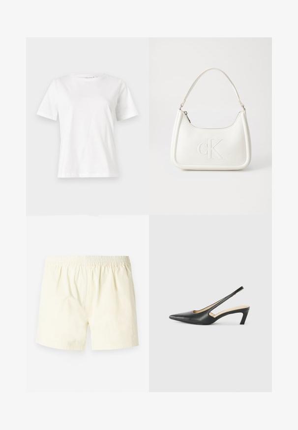 Weißes Baumwoll-T-Shirt mit kurzen Ärmeln, Rundhalsausschnitt und lockerer Passform. Glatte Textur, keine Muster oder Akzente, minimalistisches Design.; Helle gelbe Baumwollshorts mit elastischem Bund, im entspannten Schnitt und mit glatter Textur, keine sichtbaren Muster oder Akzente.; Schwarzer spitz zulaufender Slingback-Schuh mit niedrigem Absatz, der aus glattem Leder gefertigt ist und seitliche Ausschnitte für Atmungsaktivität aufweist.; Weiße Lederhandtasche mit abgerundeter Form, ausgestattet mit einem geprägten "CK"-Logo auf der Vorderseite und einem Einzel-Schultergurt. Reißverschluss oben.