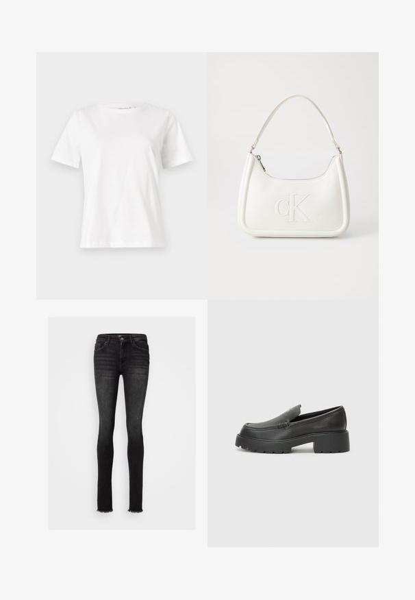 Hvit bomull t-skjorte med korte ermer, rund hals og avslappet passform. Glatt tekstur, ingen mønstre eller detaljer, minimalistisk design.; Svarte skinny jeans laget av denim, med en frynset kant, fem lommer og en frontlukking med knapp samt beltehemper.; Sorte skinnloafers med rund tå, tykk teksturert såle og minimale sømdetaljer. Strømlinjeformet design uten synlige snørebånd eller hardvarer.; Hvit lærveske med en buet fasong, med et preget "CK"-logo på forsiden og en enkel skulderstropp. Glidelåslukking på toppen.