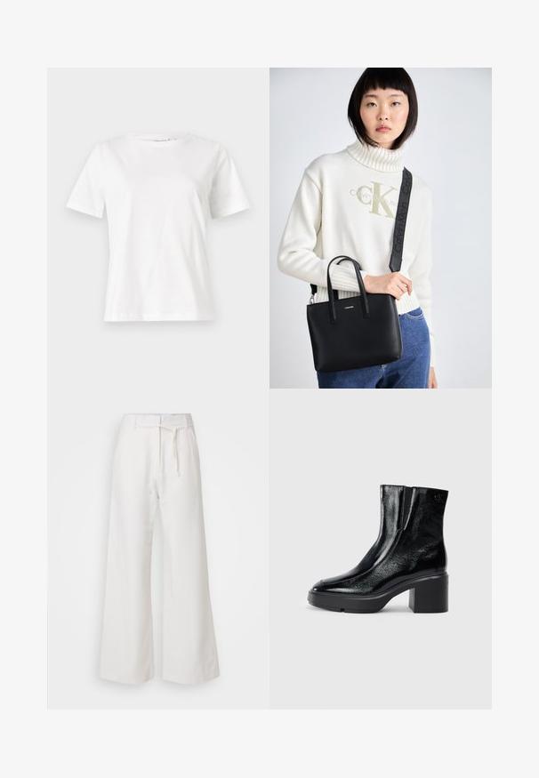 Hvid bomulds t-shirt med korte ærmer, rund halsudskæring og en afslappet pasform. Glat tekstur, ingen mønstre eller accenter, minimalistisk design.; DAY Birger et Mikkelsen TERRI SOLID - Bukser - cloud cream; Sorte patenterede læderankelstøvler med en buet tå, elastiske sidepaneler og en kraftig blokhæl. Har et præget logo på bagsiden.; Sort læder håndtaske med dobbelt topgreb og en aftagelig skulderrem. Har et sølvfarvet logo på forsiden og en glat tekstur.
