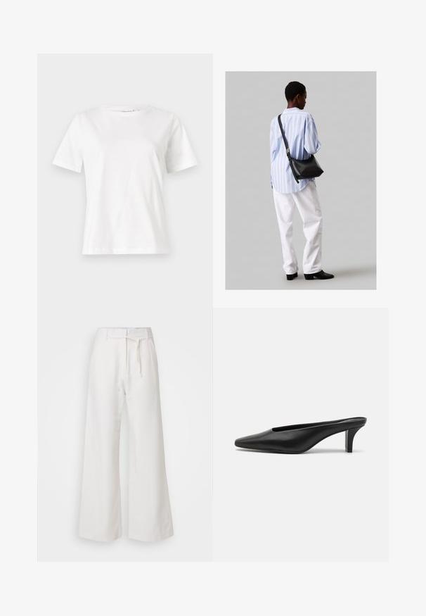 Biała bawełniana koszulka z krótkim rękawem, okrągłym dekoltem i luźnym krojem. Gładka tekstura, brak wzorów lub dodatków, minimalistyczny design.; DAY Birger et Mikkelsen TERRI mleczny; Czarne skórzane mule z ostrym noskiem i niskim obcasem w szpilkach. Gładka tekstura, minimalistyczny design i otwarty tył dla łatwego zakładania.; Czarna skórzana torba na ramię o miękkiej fakturze, w kształcie trójkąta, z regulowanym paskiem, połączona z jasnoniebieską koszulą w paski i białymi spodniami.