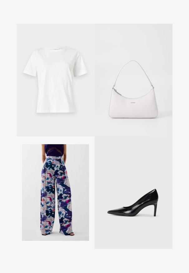 T-shirt en coton blanc à manches courtes, col rond et coupe décontractée. Texture lisse, sans motifs ni accents, design minimaliste.; Pantalons larges avec un imprimé abstrait coloré dans des tons de violet, bleu, rose et blanc, avec une taille haute et un design plissé.; Chaussure à talon haut en cuir noir avec un bout pointu, texture lisse et un talon effilé. Design minimaliste, sans embellissements supplémentaires.; Sac à épaule en cuir rose avec un design incurvé, fermeture éclair et accents en métal argenté. Logo minimaliste à l'avant.
