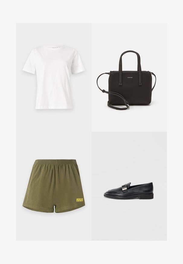 Balta medvilninė marškinėliai trumpomis rankovėmis, su apvalia iškirpte ir laisvu siluetu. Lygi tekstūra, be raštų ar akcentų, minimalistinis dizainas.; Alyvuogių žalios medvilnės šortai su elastine juosta ir tiesiu kirpimu. Pavaizduotas "AMERICAN VINTAGE" logotipas geltonos spalvos apatiniame dešiniajame kampe.; Juodas odinis loaferis su sidabriniu stačiakampiu sagtimi viršuje ir žemu kulnu ant baltos fono.; Juoda rankinė su dviem trumpais rankenėlėmis ir nuimamu petį. Lygaus odos tipo medžiaga su užtrauktuku ir logotipo detale.