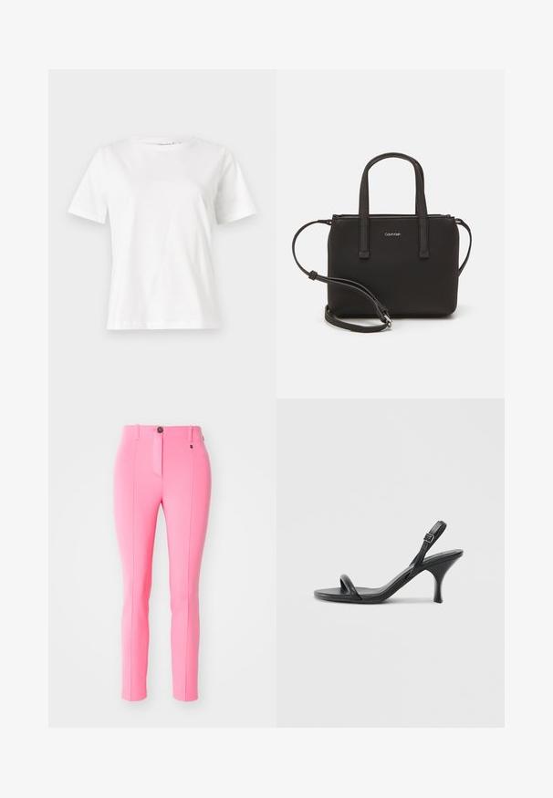 White cotton t-shirt with short sleeves, round neckline, and a relaxed fit. Smooth texture, no patterns or accents, minimalistic design.; Pink tailored pants made of stretchy fabric, featuring a front button closure, slim fit, and vertical seams for a streamlined look.; Black leather high-heeled sandals with a slim, curved heel and a crossed strap design. Adjustable ankle strap. Smooth texture.; Black handbag with dual short handles and a removable shoulder strap. Smooth leather-like material with a zip closure and logo detail.