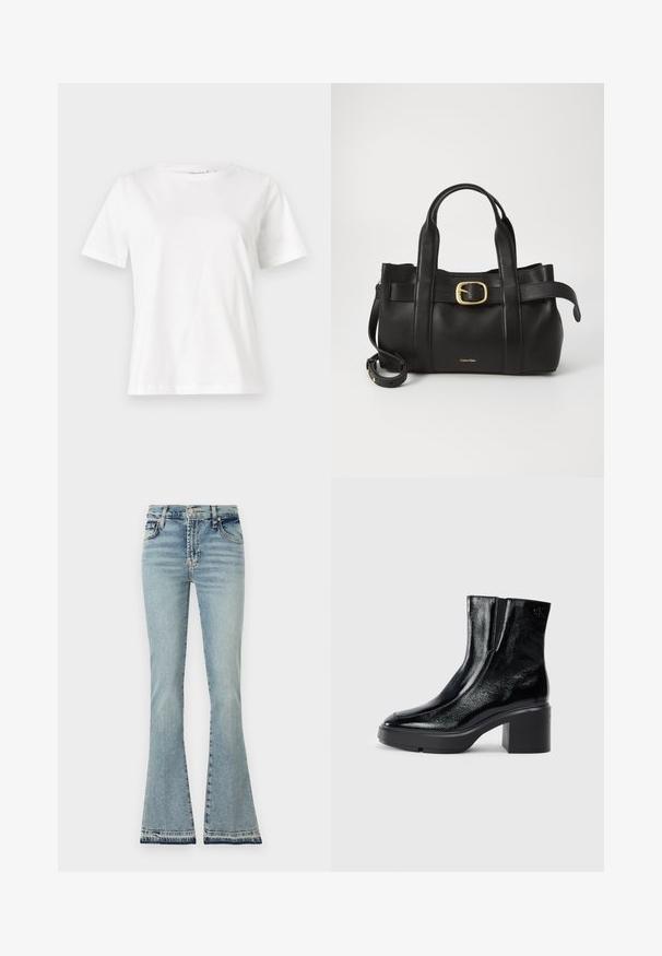 Bijela pamučna majica s kratkim rukavima, okruglim izrezom i opuštenim krojem. Glatka tekstura, bez uzoraka ili akcenata, minimalistički dizajn.; Džins hlače svijetloplave boje s blagim naborima, visokim strukom, jasno definiranim šavovima i pohabanom ivicom. Materijal izgleda mekano i ima klasičan dizajn s pet džepova.; Crne lakirane gležnjače s zakrivljenim prstom, elastičnim bočnim panelima i masivnom blok petom. Sadrže urezani logo na leđima.; Crna kožna torba s strukturiranim dizajnom, dvostrukim gornjim ručkama, zlatnim kopčom kao naglaskom i utisnutim logotipom marke sprijeda.