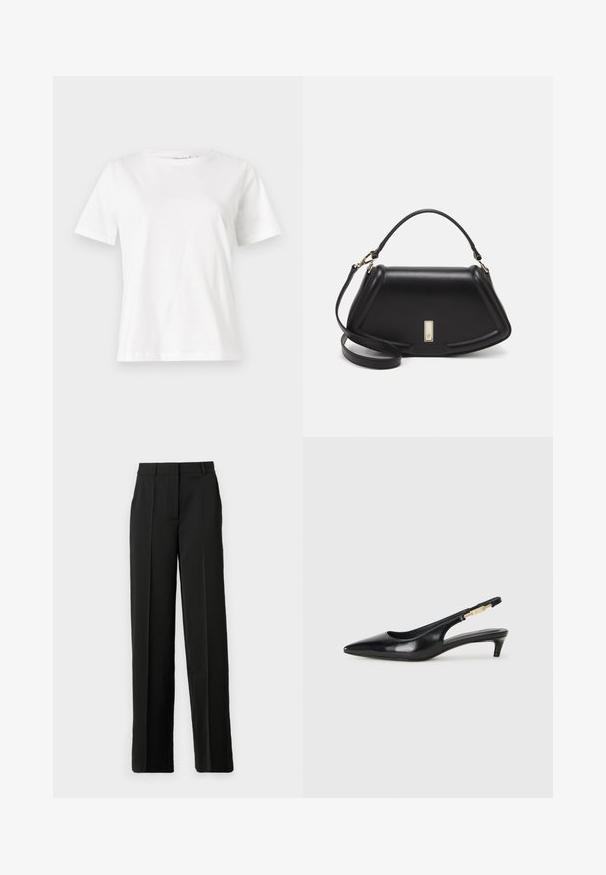 White cotton t-shirt with short sleeves, round neckline, and a relaxed fit. Smooth texture, no patterns or accents, minimalistic design.; Black wide-leg trousers made of smooth fabric, featuring a flat front, belt loops, and a tailored fit without pockets.; Black leather slingback heels with a pointed toe, featuring a slim heel and a gold-tone accent on the adjustable strap. Smooth texture.; Black leather handbag with a structured design, featuring a cropped shape, top handle, and gold hardware accent. Adjustable shoulder strap included.