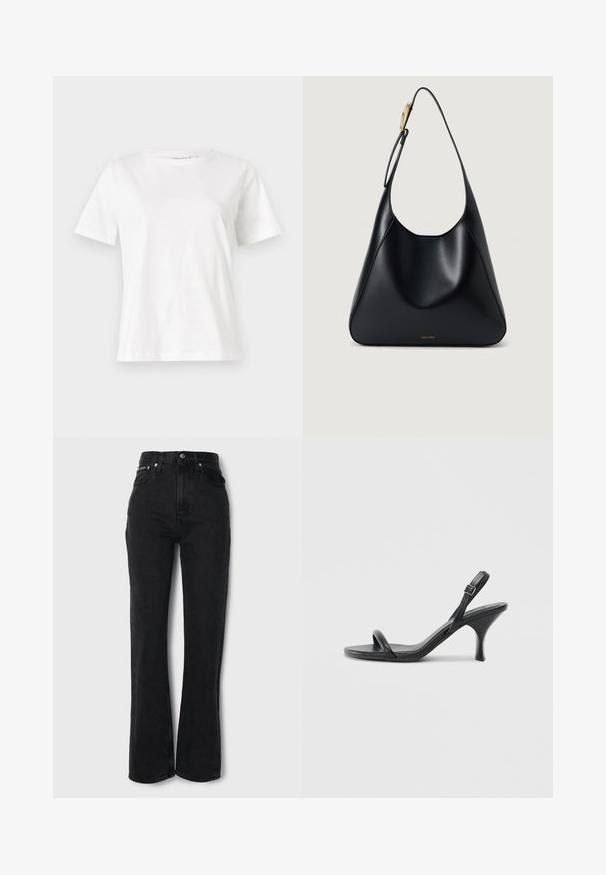 Bijela pamučna majica s kratkim rukavima, okruglim izrezom i opuštenim krojem. Glatka tekstura, bez uzoraka ili akcenata, minimalistički dizajn.; Crne traperice s flared krojem, visokog struka, s pet džepova i prednjim kopčanjem na dugme. Glatka tekstura i klasičan silueta.; Crne kožne sandale na visoku petu s tankom, zakrivljenom petom i dizajnom prekriženih traka. Podesiva traka oko gležnja. Glatka tekstura.; Crna kožna torba za rame s glatkom teksturom, zakrivljenim siluetom i zlatnim detaljima. Ima utisnutu oznaku branda na dnu.