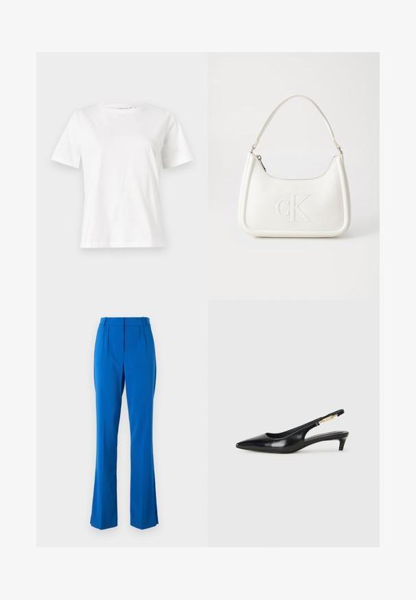 Biela bavlnená tričko s krátkymi rukávmi, okrúhlym výstrihom a voľným strihom. Hladká textúra, bez vzorov alebo akcentov, minimalistický dizajn.; Modré strihané nohavice s vysokým pásom, plisovaným predným dielom a rozšírenými nohavicami so bočnými rozparkami, vyrobené z hladkej, ľahkej látky.; Čierne kožené slingback opätky s špicatou špičkou, s úzkym opätkom a zlatým detailom na nastaviteľnom remienku. Hladká textúra.; Biela kožená kabelka s zakriveným tvarom, na prednej strane s embosovaným logom "CK" a jedným ramenným popruhom. Zipsové zapínanie navrchu.