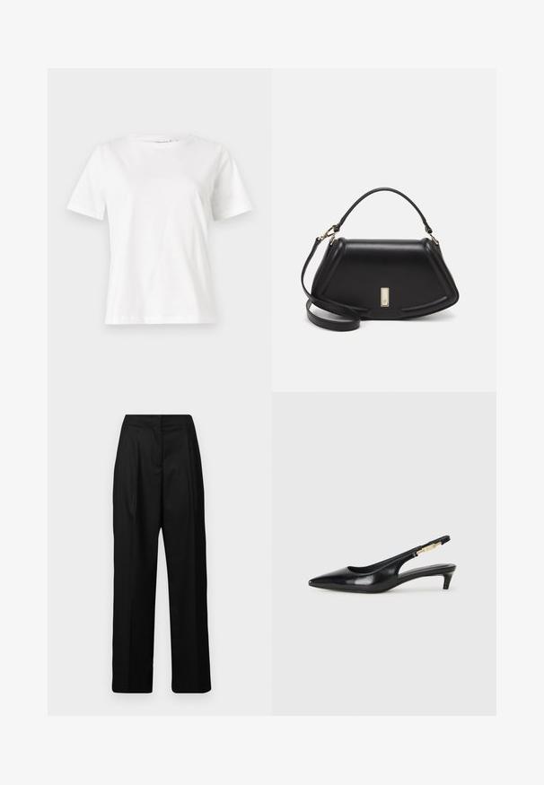 White cotton t-shirt with short sleeves, round neckline, and a relaxed fit. Smooth texture, no patterns or accents, minimalistic design.; Black wide-leg trousers made of smooth fabric, featuring a high waist and front pleats for a tailored appearance. No visible pockets.; Black leather slingback heels with a pointed toe, featuring a slim heel and a gold-tone accent on the adjustable strap. Smooth texture.; Black leather handbag with a structured design, featuring a cropped shape, top handle, and gold hardware accent. Adjustable shoulder strap included.