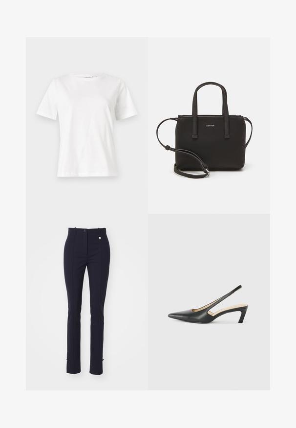 White cotton t-shirt with short sleeves, round neckline, and a relaxed fit. Smooth texture, no patterns or accents, minimalistic design.; Navy tailored pants with a high waist, featuring front pleats, side pockets, and small slit accents at the hem. Smooth fabric texture.; Black pointy-toed slingback shoe with a low heel, featuring smooth leather material and cut-out design on the side for breathability.; Black handbag with dual short handles and a removable shoulder strap. Smooth leather-like material with a zip closure and logo detail.