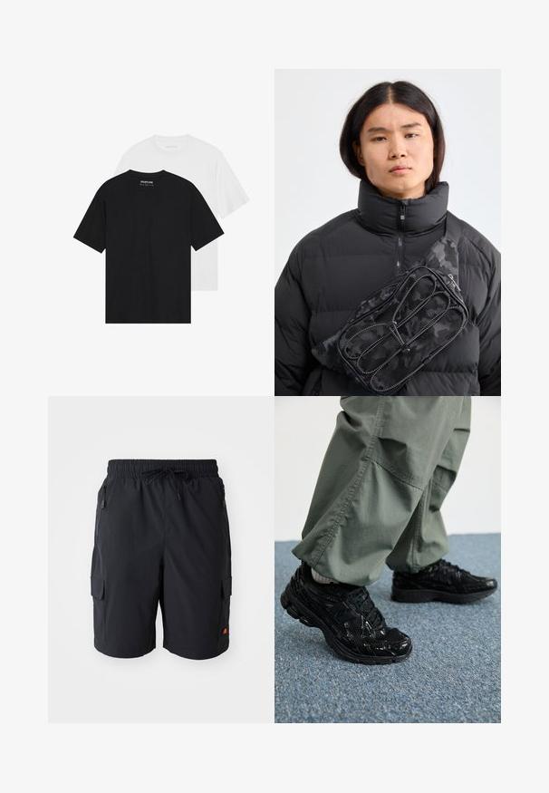Dvě trička, jedno černé a jedno bílé, s krátkými rukávy, kulatým výstřihem a hladkým bavlněným povrchem. Značka je viditelná uvnitř.; Černé cargo šortky s elastickým pasem a šňůrkou, které mají boční kapsy na zip a náprsní kapsu na stehně.; Černé sportovní tenisky s lesklou a síťovou texturou, s silnou podrážkou a tkaničkami, spárované s volnými olivově zelenými cargo kalhotami.; Černý nylonový bum bag s maskáčovým vzorem a zipovými kapsami, nošený diagonálně přes černou péřovou bundu s vysokým límcem.
