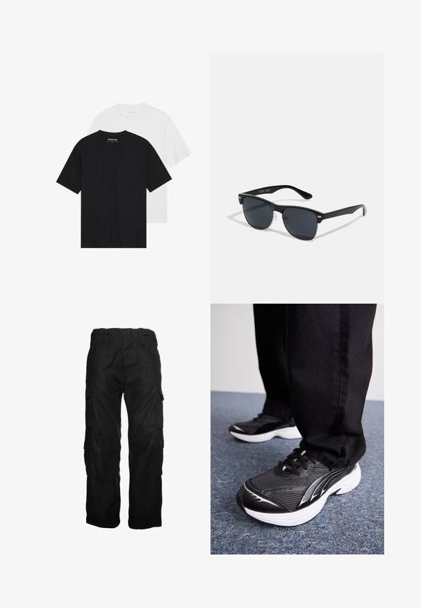 Dva majice, jedna crna i jedna bijela, s kratkim rukavima, okruglim izrezima i glatkom pamučnom teksturom. Vidljiva oznaka branda unutra.; Crne cargo hlače od pamuka, s više bočnih džepova, elastičnim pojasom i opuštenim krojem. Glatka tekstura s detaljima šavova.; Crne atletske cipele s mrežastom tkaninom, bijelim potplatima i crnim detaljima. Gazni sloj je teksturiran. Nosi se s crnim hlačama na plavom tepih površini.; Crne sunčane naočale pravokutnog oblika, tamne leće, srebrni detalji na sljepoočnicama i matirajuća završna obrada okvira.