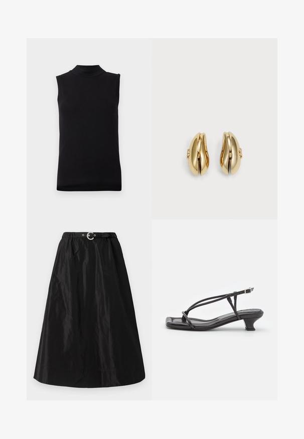 Must have musta ilma varrukatipp, millel on kõrge kaelus, valmistatud siledast ja venivast kangast, esitatud lihtsal valgel taustal.; Mustvalge, särava ja kergesti langeva materjali seelik. Omab elastset vöökohta hõbedase klambriga ja sujuvat A-löönsiluetti.; Must must sandaalid, millel on õhukesed rihmad, madal plokknina ja ruudukujuline varvas. Omab kinnitust nahkel ja sile pind.; Kuldtooni kõrvarõngad voolava ja kõvera disainiga. Igal kõrvarõngal on sile pind ja väike klamber dekoratiivse detailiga.