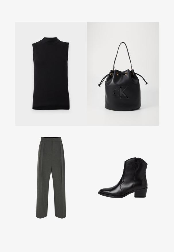 Must have musta ilma varrukatipp, millel on kõrge kaelus, valmistatud siledast ja venivast kangast, esitatud lihtsal valgel taustal.; Hallid laia jalaga püksid tekstuurse kangaga, millel on kõrge vöökoht ja ees voldid. Disainis on sile vöökoht ja nähtamatud kinnitused.; Mustad nahast ankle saapad terava varbaga, kaardus külgõmblustega ja madala, plokknumma heeliga. Omab lukuga sulgemist ja sileda tekstuuri.; Mustast nahkakoti, millel on nööriga sulgemine, esiküljel läikiv "CK" logo ja kuldse tooni dekoratiivsed detailid.